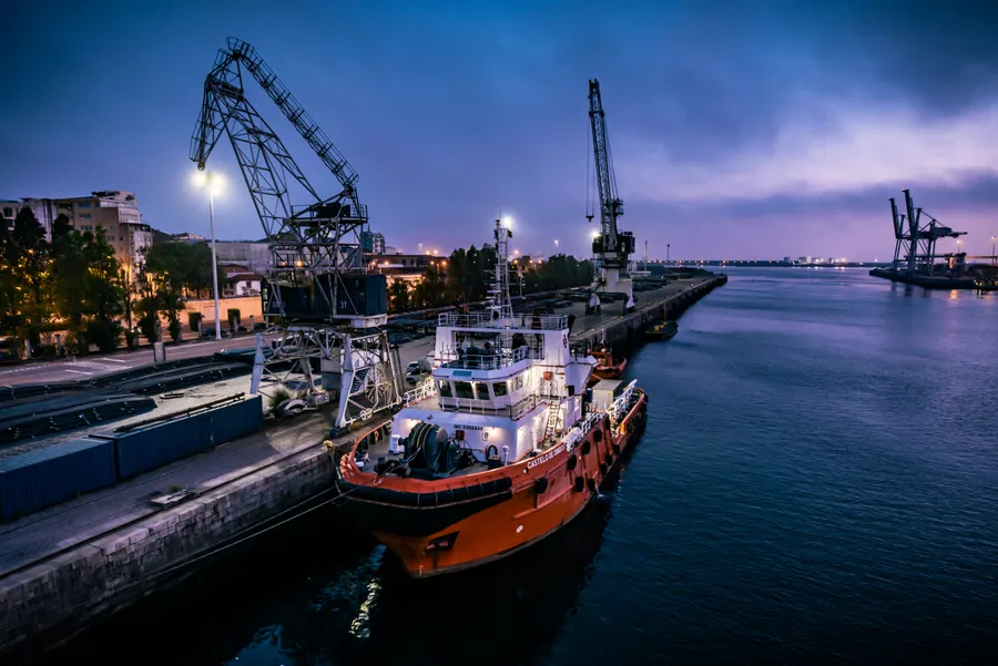 Cargo ship at sea at night